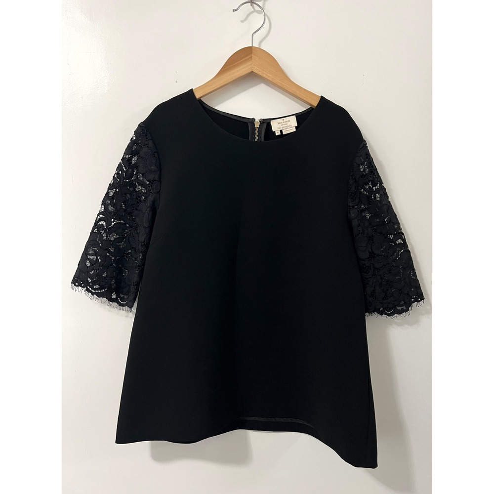 Kate Spade New York Black Lace Sleeve Blouse Exposed Back Zip Crew Neck Top 8